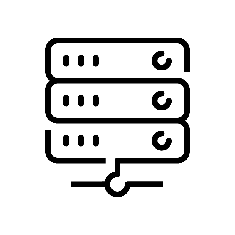 A black and white icon of three stacked server racks with a network connection at the bottom A black and white icon of three stacked server racks with a network connection at the bottom